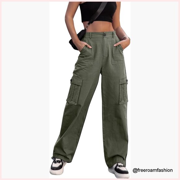 Pants - High Waisted Cargo Pants Wide Leg 6 Pocket Combat Military Trousers